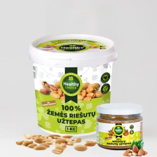 Rinkinys: žemės riešutų užtepas „Healthy Choice“ 1000g + migdolų riešutų užtepas „Healthy Choice“ su gabaliukais 250g