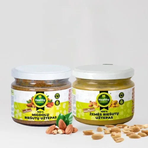 Rinkinys: žemės riešutų užtepas „Healthy Choice“ su gabaliukais 250g + migdolų riešutų užtepas „Healthy Choice“ su gabaliukais 250g